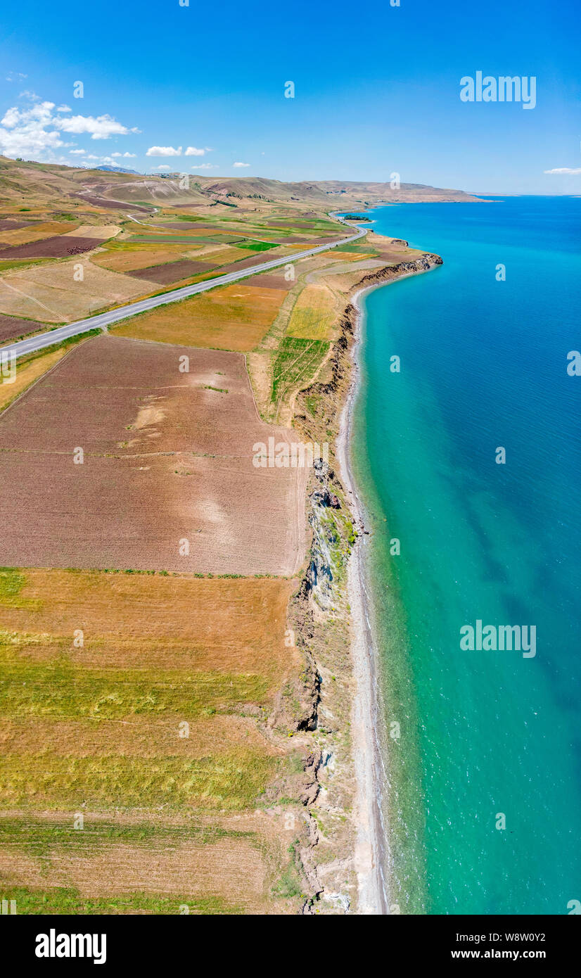 Aerial view of Lake Van, Turkey. Fields and cliffs overlooking the ...