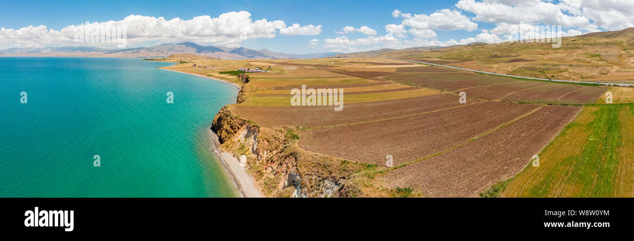 Aerial view of Lake Van, Turkey. Fields and cliffs overlooking the ...