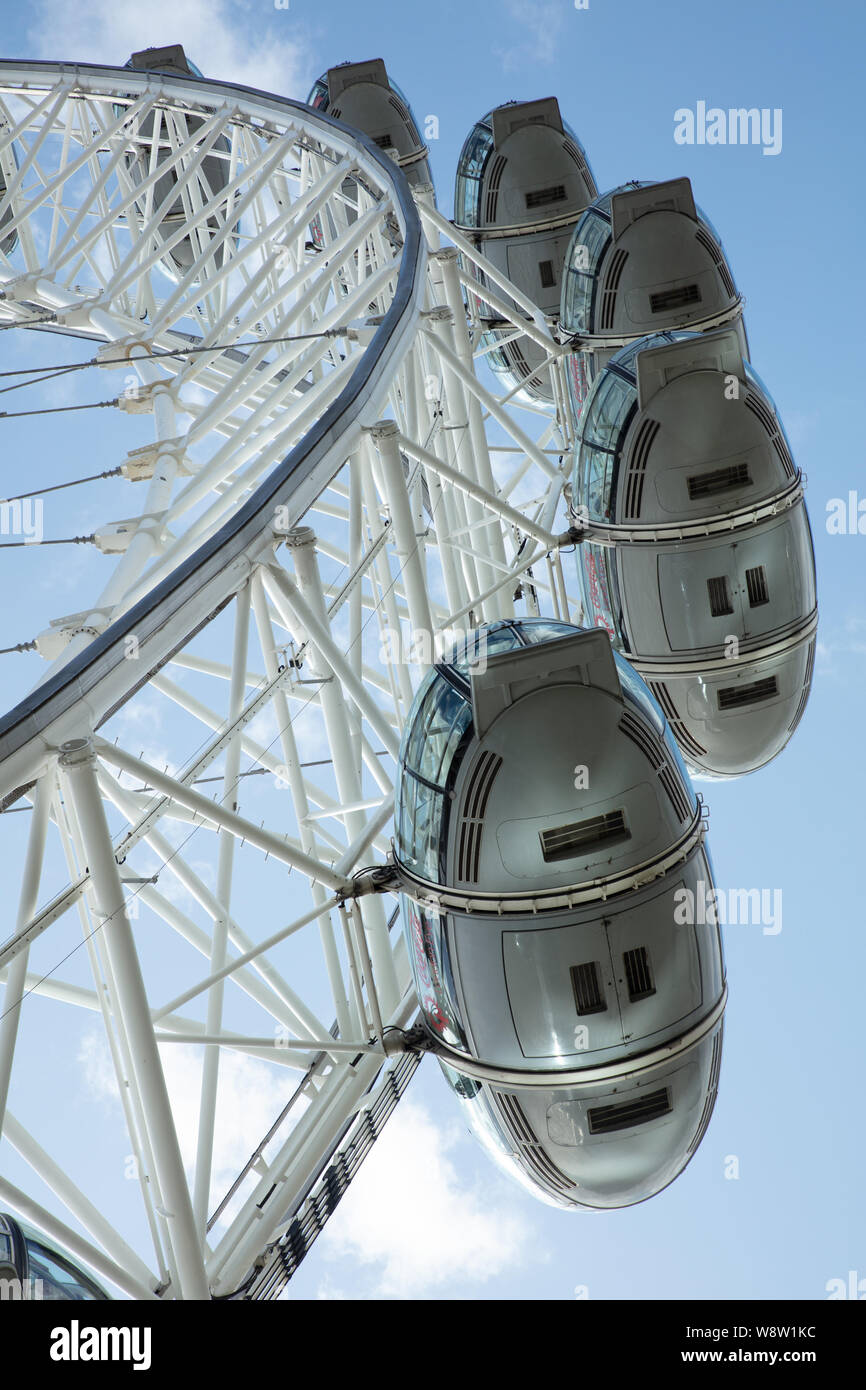 Parts of the structure of the landmark London Eye on the South Bank of London on an afternoon in August. Stock Photo