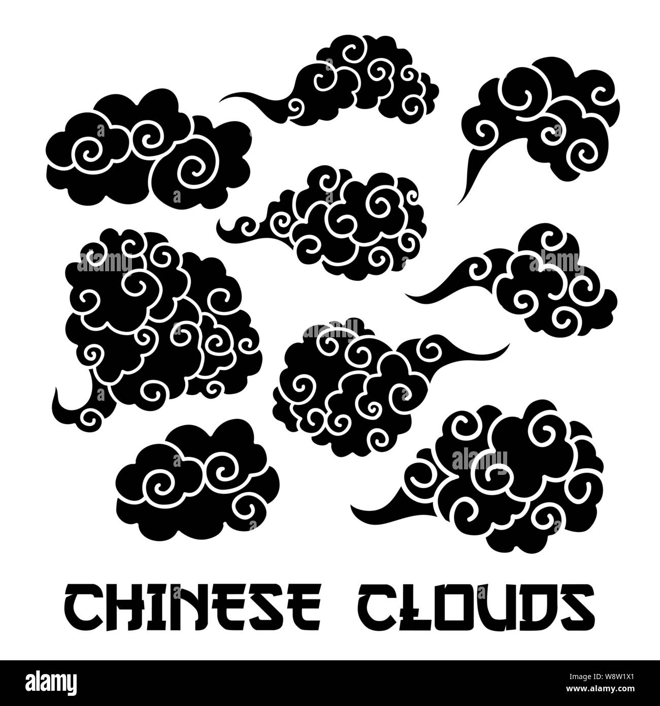 Black Clouds and wind blows silhouettes vector illustration. Smoke isolated clipart. Chinese art abstract drawing. Sketch clouds, overcloud set. Isolated design elements for SVG laser cutting files Stock Vector