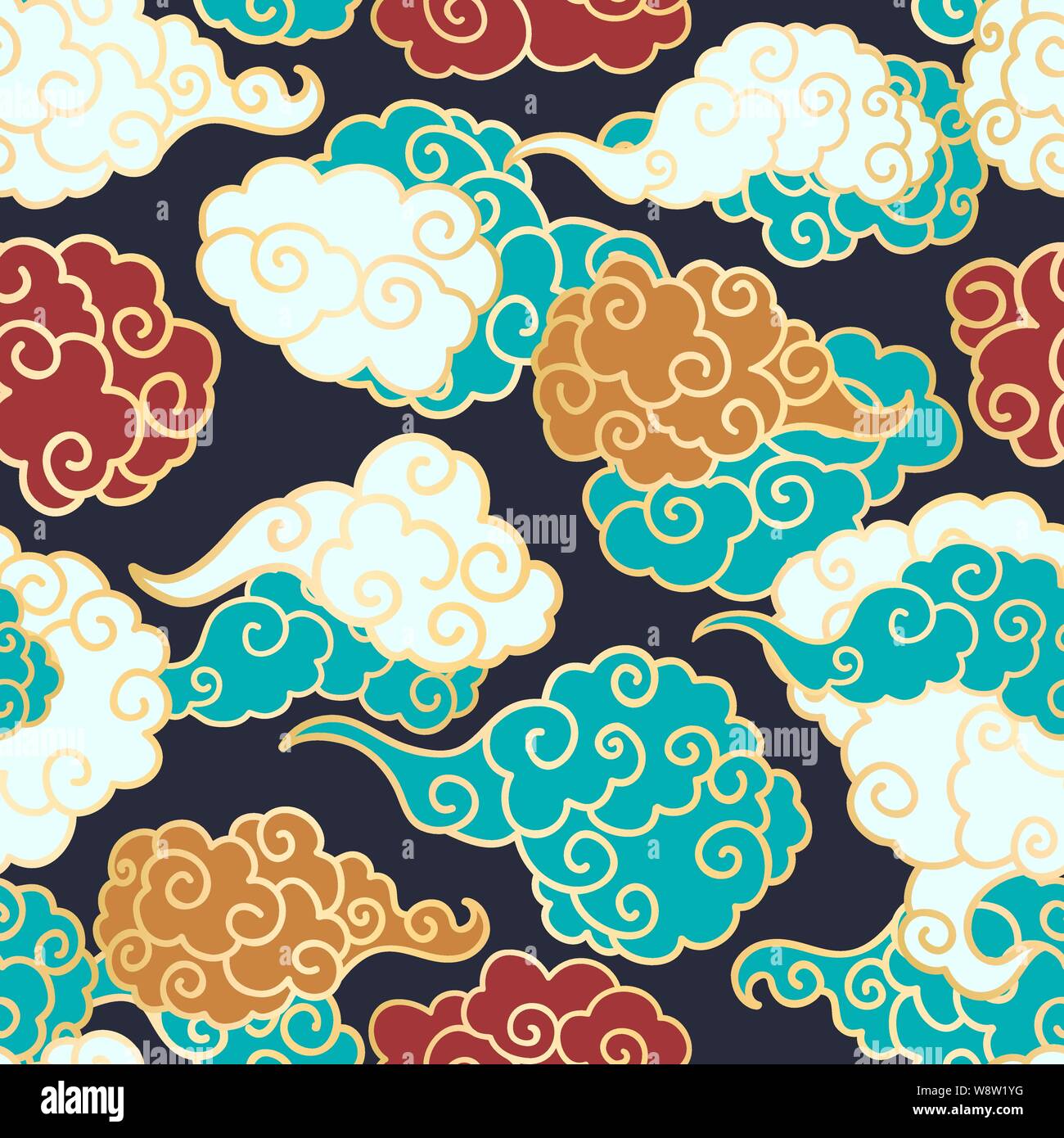 Chinese clouds smoke vector seamless pattern. Japanese, oriental style textile ornament. Golden outline swirls, curls background. Colored Asian traditional holidays postcard backdrop, wrapping texture Stock Vector
