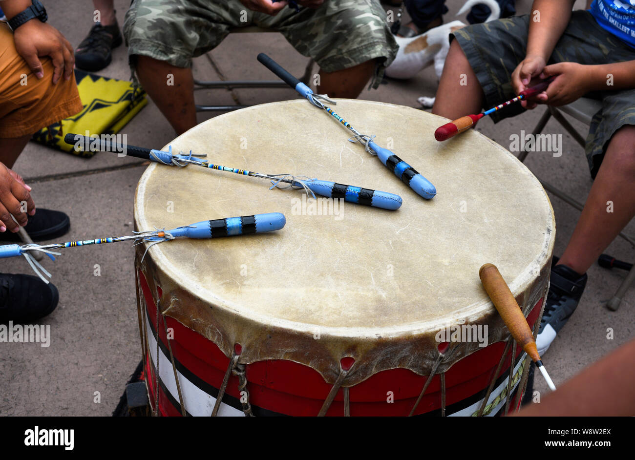 Native American drum circle performance in Santa Fe, New Mexico USA Stock Photo