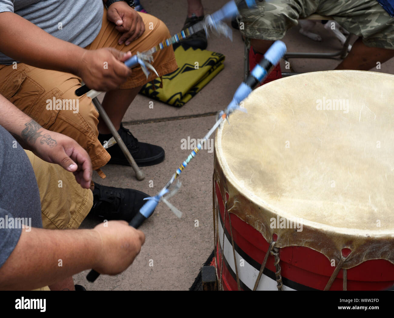 Native American drum circle performance in Santa Fe, New Mexico USA Stock Photo