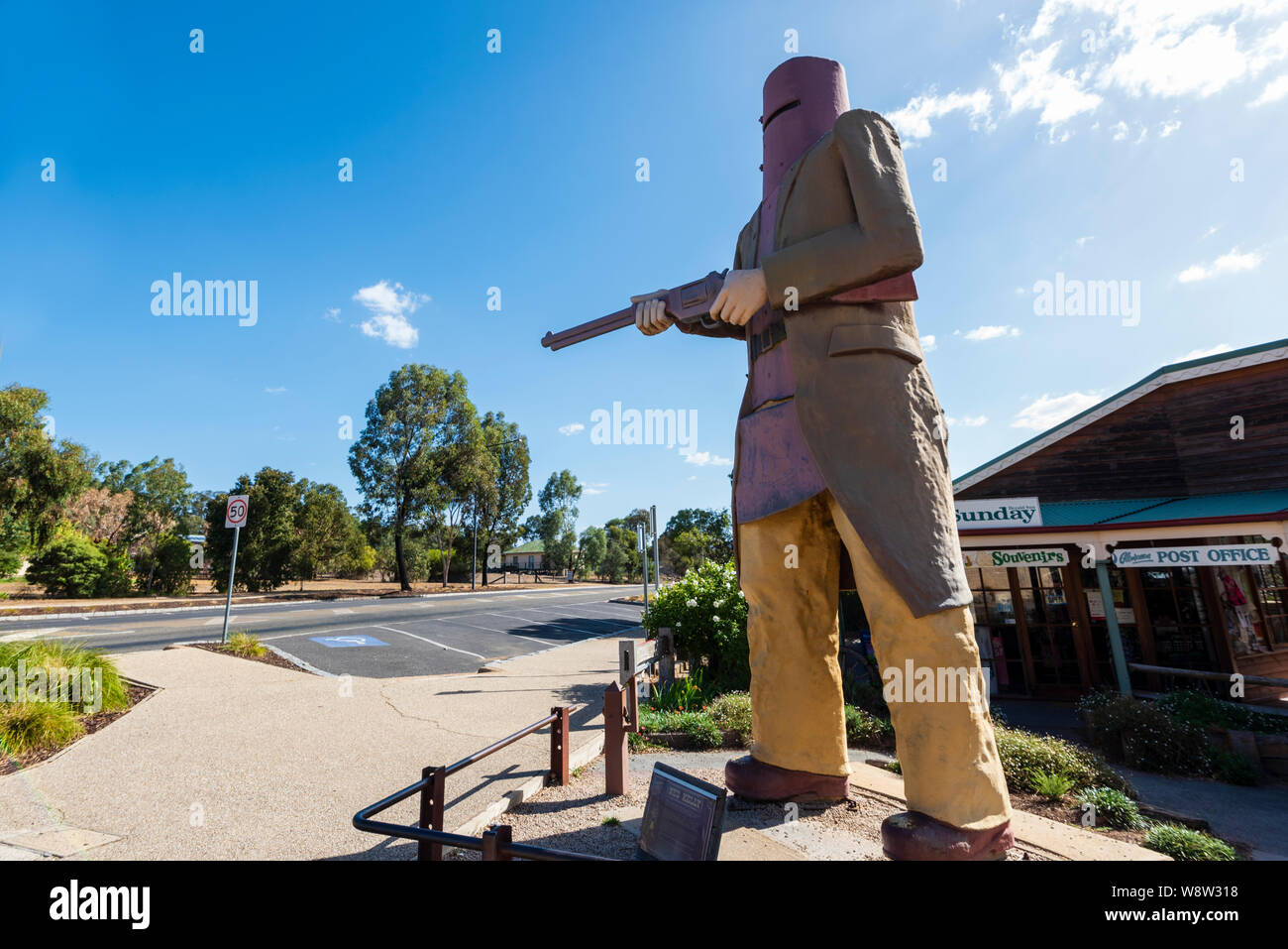 Big Ned Kelly, this large statue of bushranger Ned Kelly in his iconic metal armour is in the country town of Glenrowan in rural Victoria Australia Stock Photo