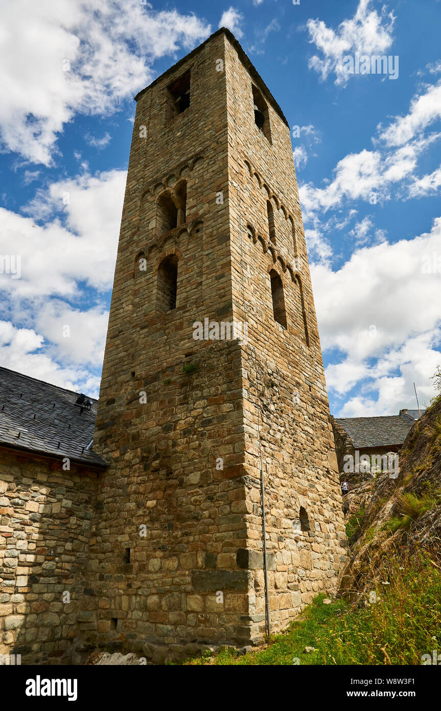 Tower of Sant Joan de Boí church, a Catalan Romanesque Churches of the Vall de Boí (Bohí valley, Alta Ribagorza, Lleida, Pyrenees, Cataluña, Spain) Stock Photo