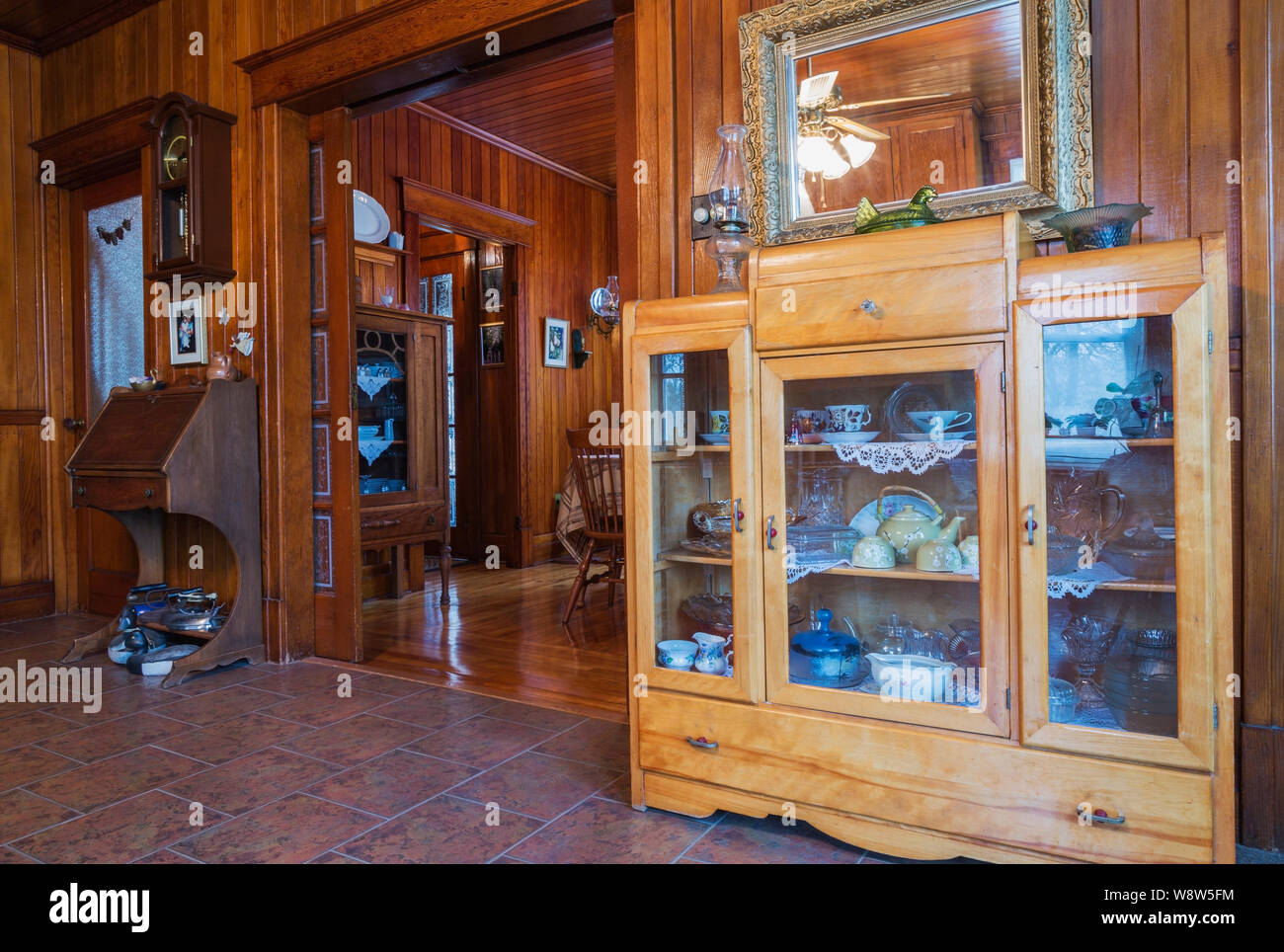 Antique Wooden Cabinet With Glass Doors And Secretary Desk In