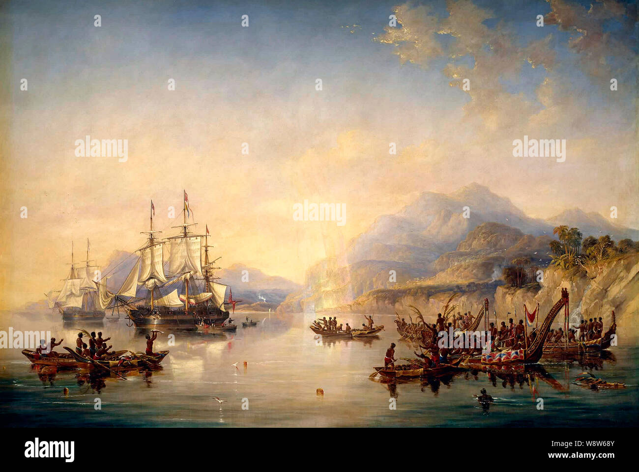 Erebus and the Terror in New Zealand, August 1841 - James Wilson Carmichael Stock Photo