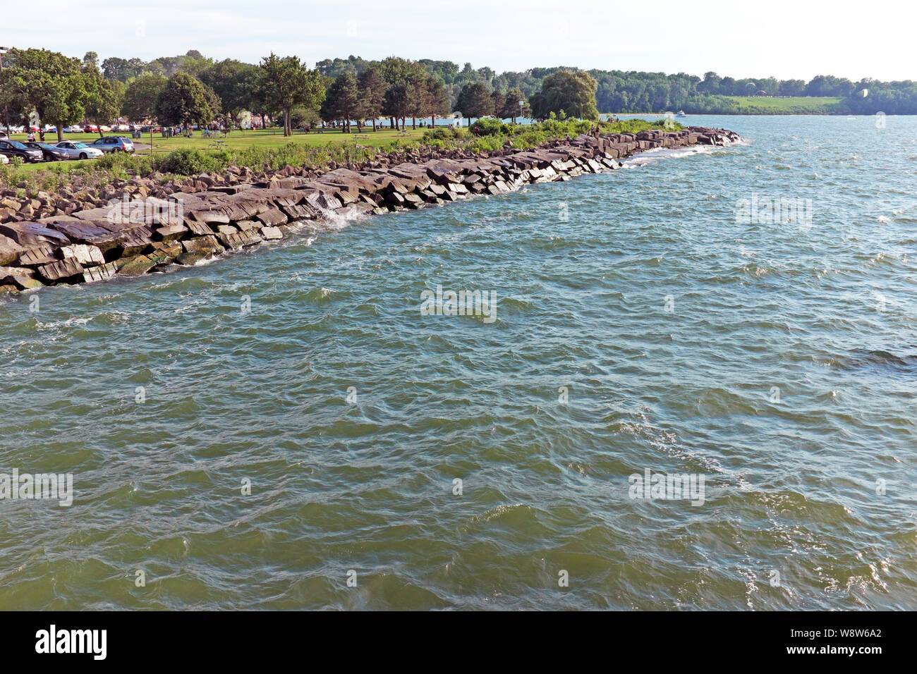 The Lake Erie shoreline near downtown Cleveland, Ohio, USA is a mecca for recreation at Edgewater Park, managed by Cleveland Metroparks. Stock Photo
