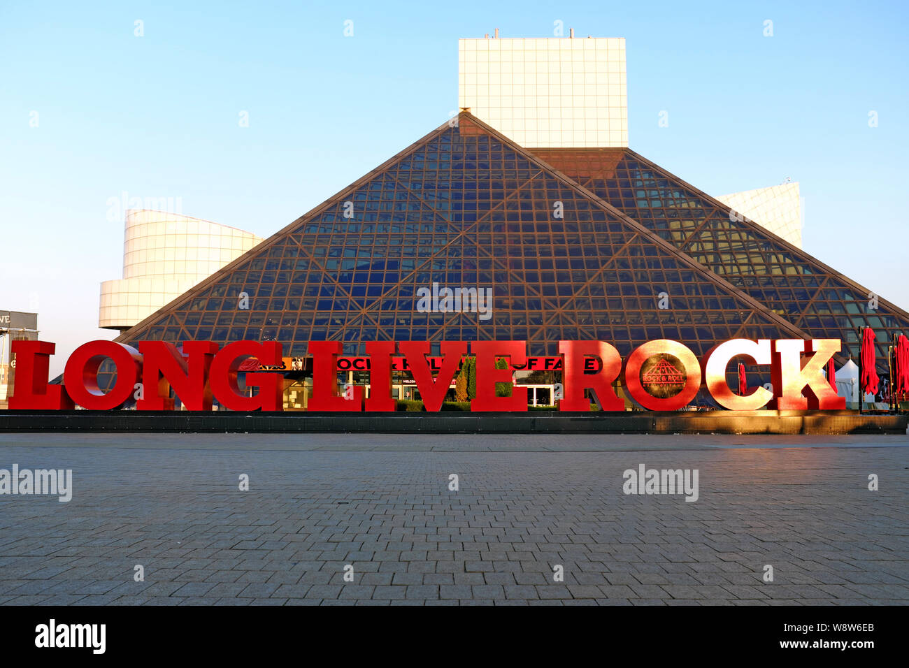 'Long Live Rock' in red letters outside the Cleveland Rock and Roll Hall of Fame and Museum in Cleveland, Ohio, USA. Stock Photo