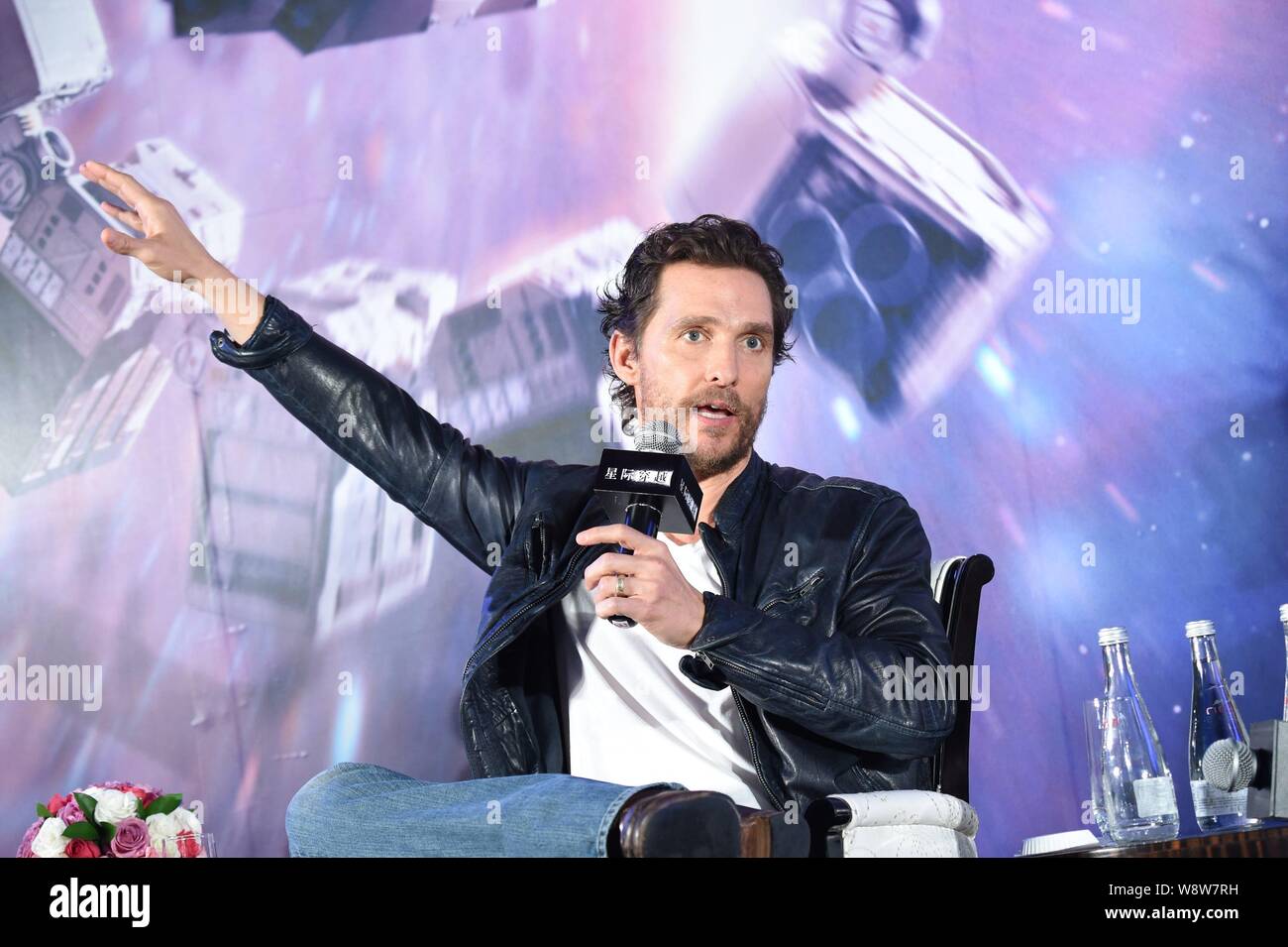 American actor Matthew McConaughey speaks during a press conference for his new movie 'Interstellar' in Shanghai, China, 10 November 2014. Stock Photo