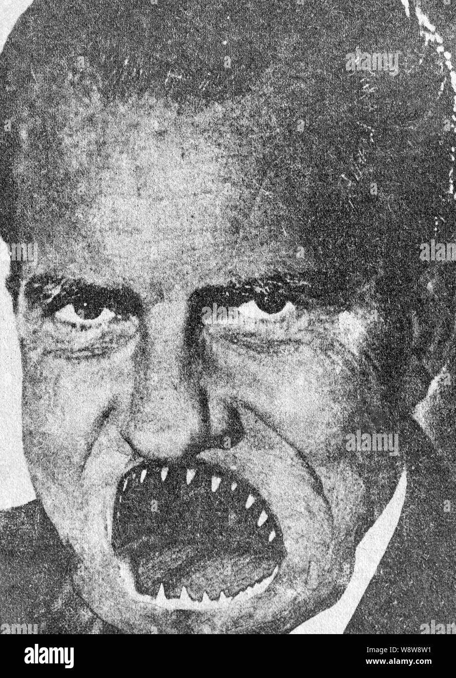 A 1970s Students for a Democratic Society SDS altered photo of President Richard Nixon published in an underground college newspaper. Stock Photo