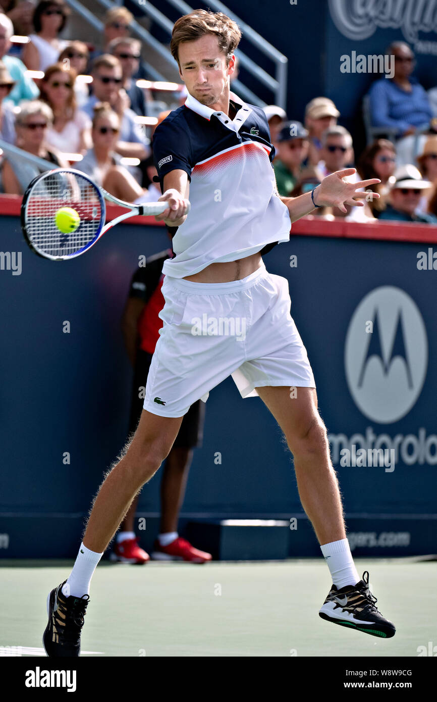 Montreal, Canada. 11th Aug, 2019. Daniil Medvedev of Russia returns the  ball to Rafael Nadal of Spain during the final of the Rogers Cup tennis  tournament in Montreal, Canada, Aug. 11, 2019.