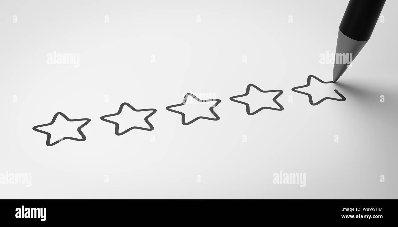 Black Pencil Writing Five Stars on White 3D Illustration, Satisfaction Concept Stock Photo