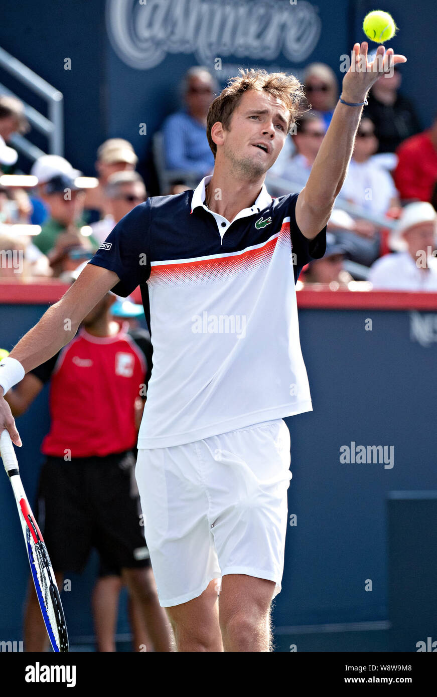 Montreal, Canada. 11th Aug, 2019. Daniil Medvedev of Russia serves during the final of the Rogers Cup tennis tournament in Montreal, Canada, Aug. 11, 2019. Credit: Andrew Soong/Xinhua/Alamy Live News Stock Photo