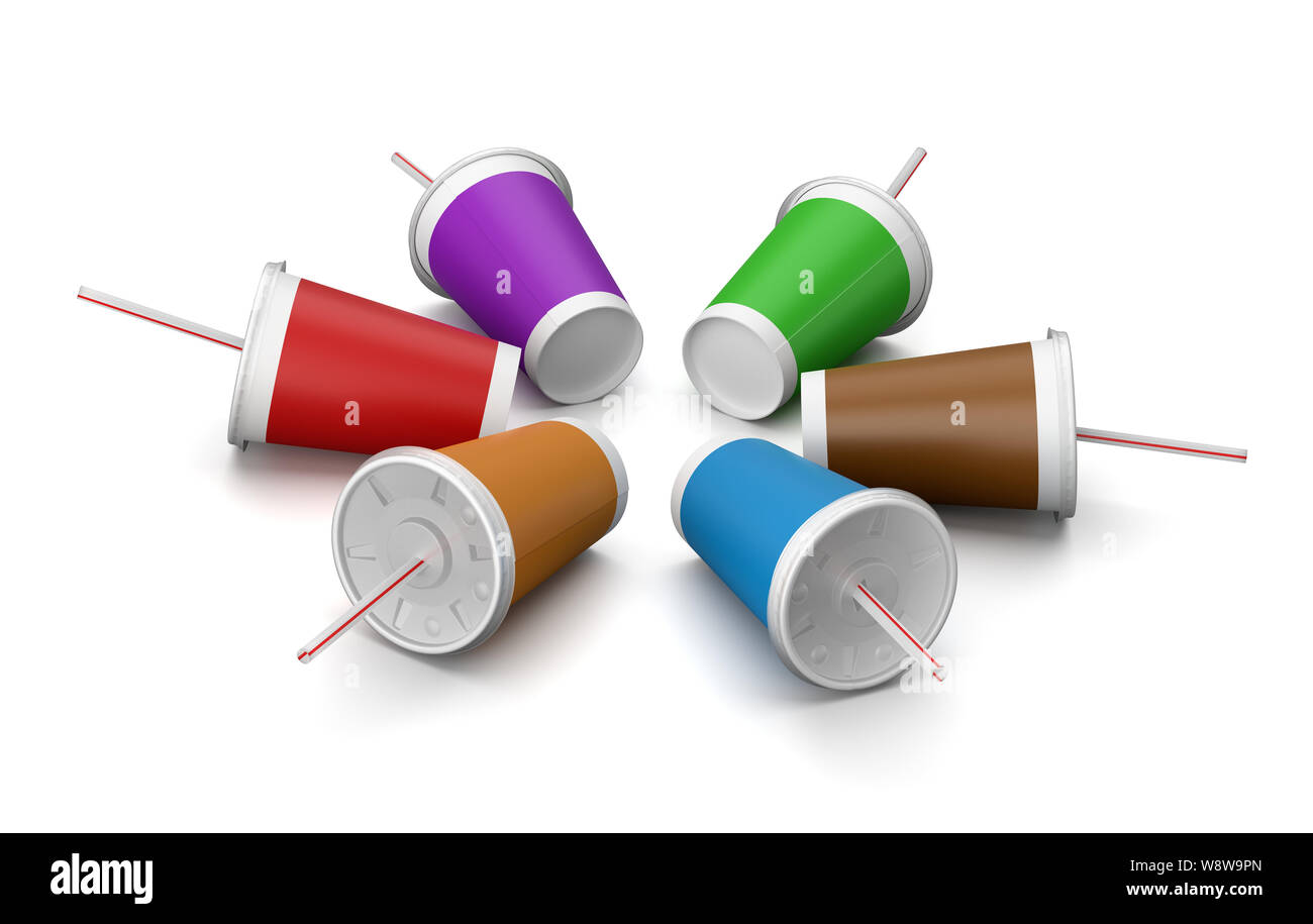 Colorful Fast Food Drinking Cups with Straw on White Background 3D Illustration Stock Photo