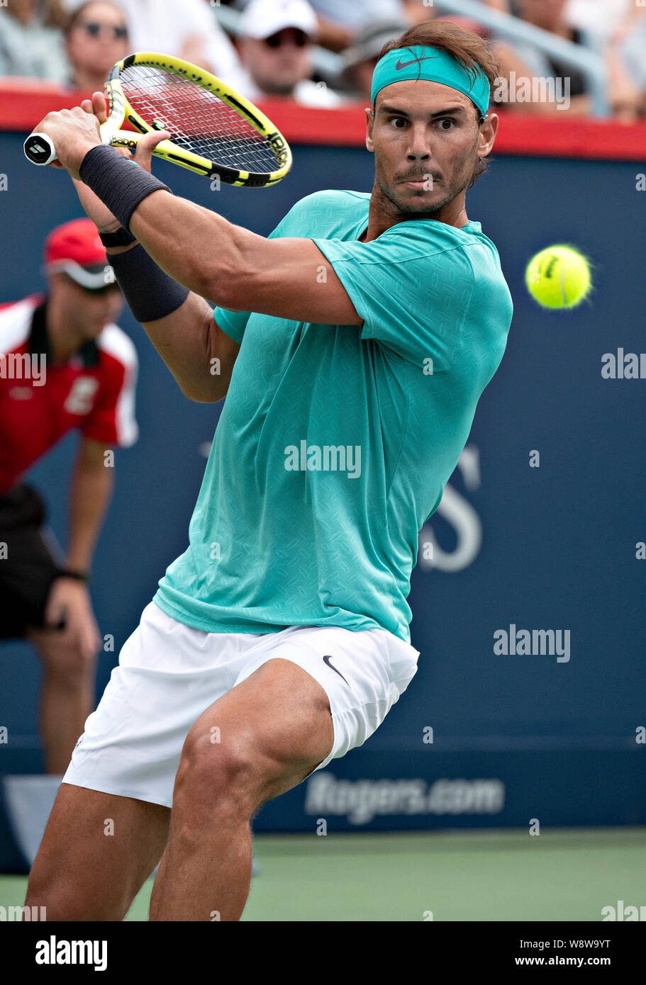 Montreal, Canada. 11th Aug, 2019. Rafael Nadal of Spain returns the ball to  Daniil Medvedev of Russia during the final of the Rogers Cup tennis  tournament in Montreal, Canada, Aug. 11, 2019.
