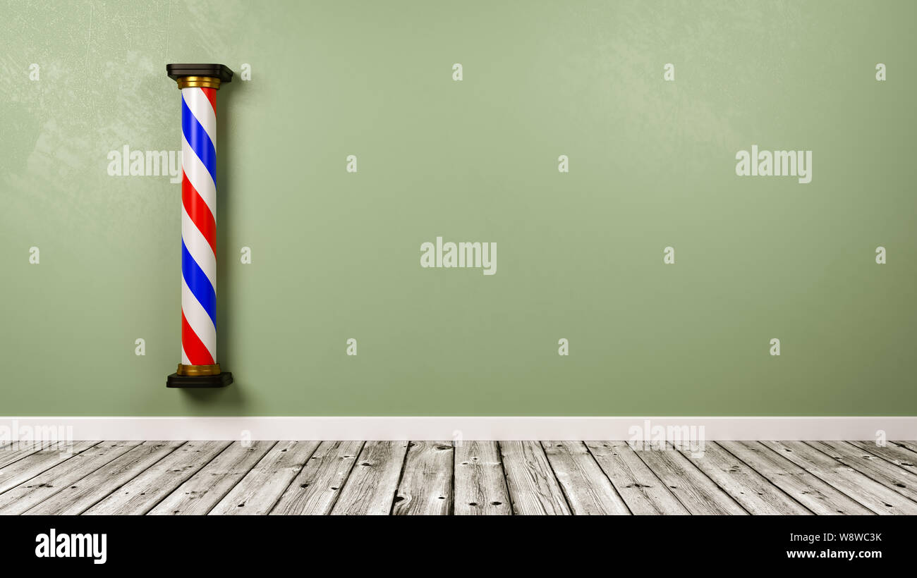 Barbershop Symbol Against Green Wall in a Wooden Floor Room with Copy Space 3D Illustration Stock Photo