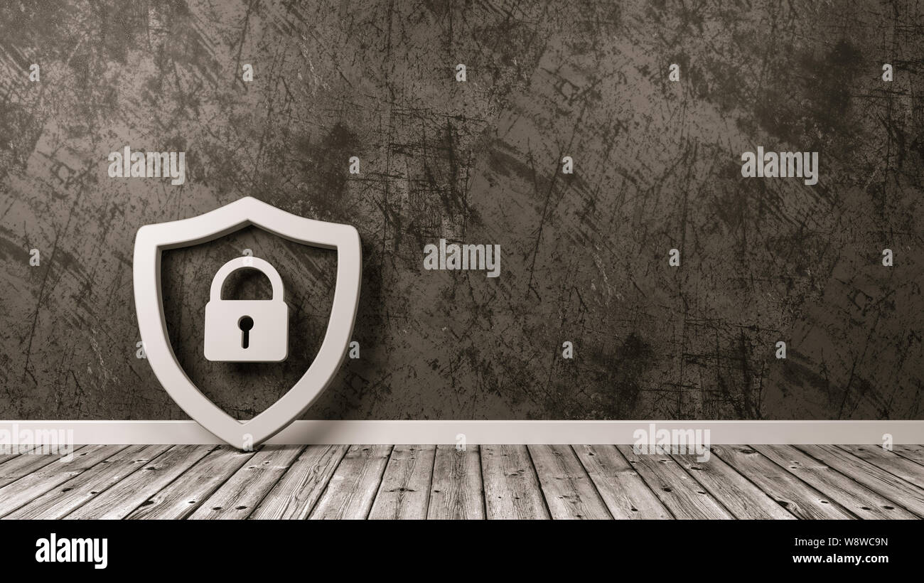 White Shield 3D Symbol Shape with Padlock on Wooden Floor Against Gray Wall with Copy Space 3D Illustration Stock Photo
