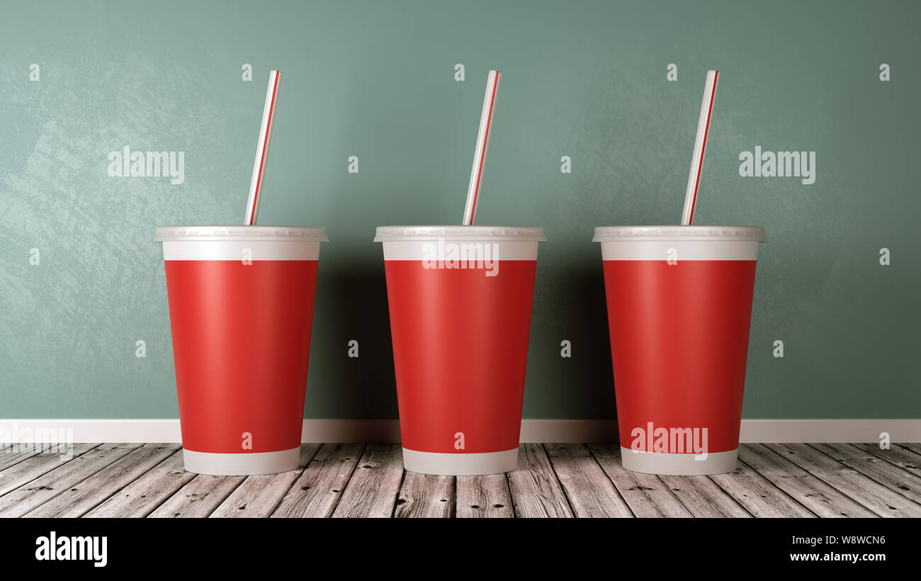 Red Fast Food Drinking Cups with Straw on Wooden Floor Against Blue Wall 3D Illustration Stock Photo