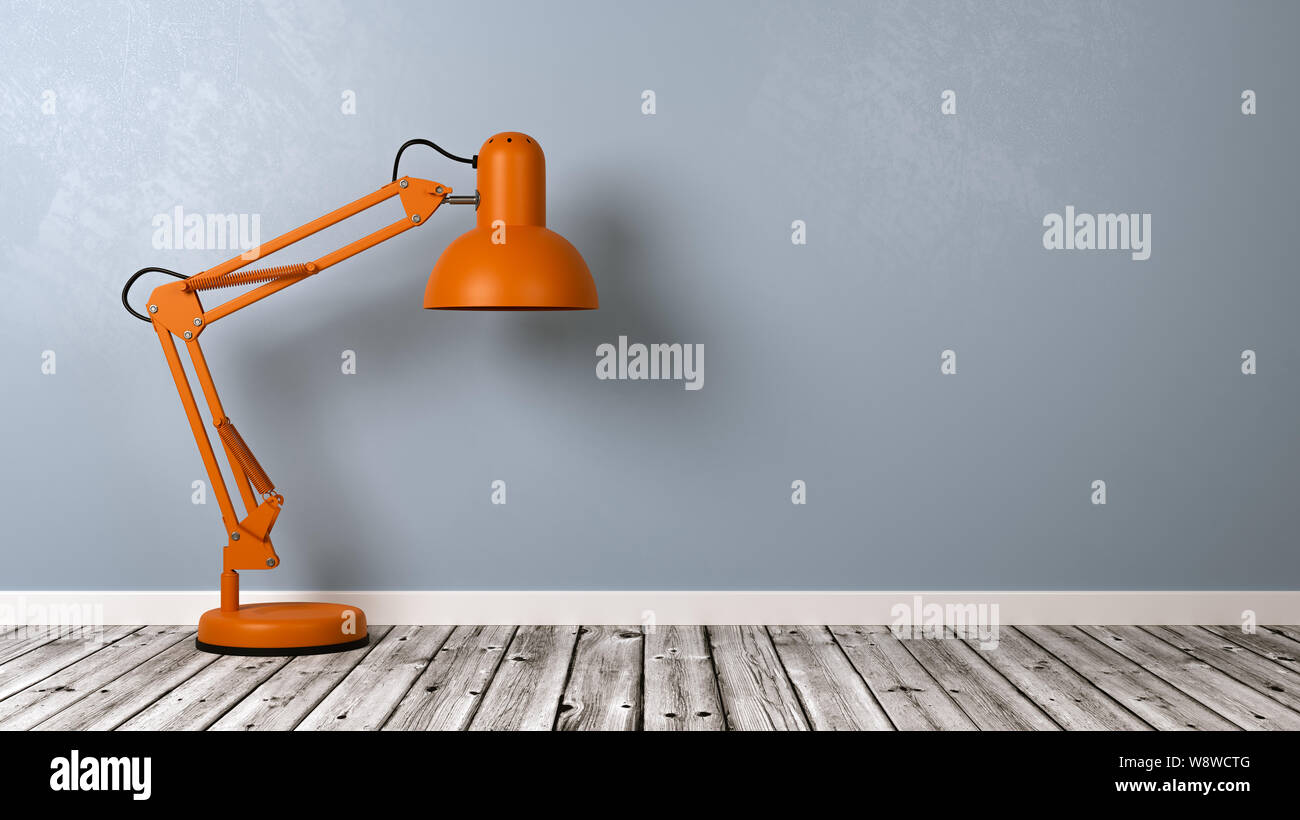 Orange Table Lamp on Wooden Floor Against Blue Gray Plastered Wall with Copy Space 3D Illustration Stock Photo