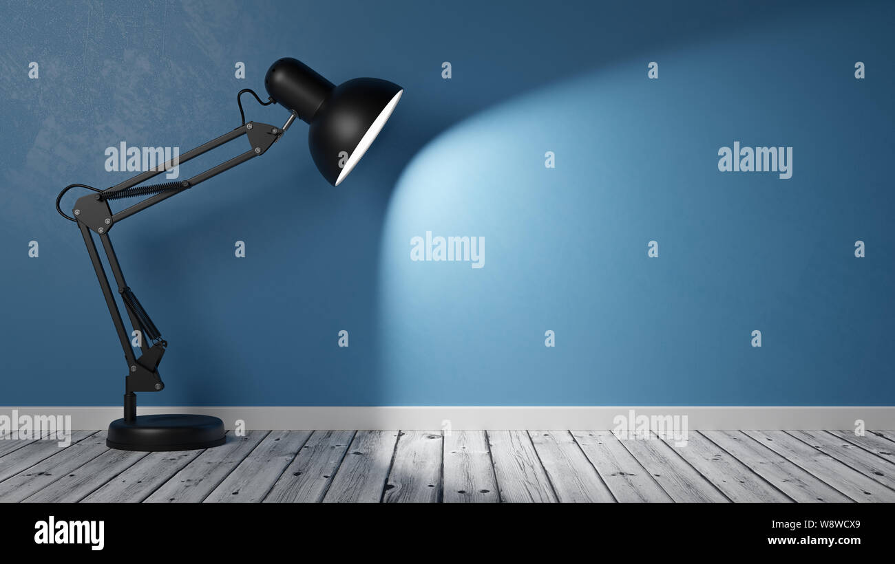 Black Desk Lamp on Wooden Floor Illuminating an Empty Blue Plastered Wall with Copy Space 3D Illustration Stock Photo
