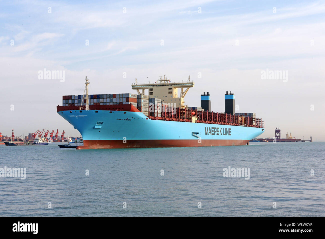--FILE--The Mary Maersk container ship of Maersk Line sails into the Port of Qingdao in Qingdao city, east Chinas Shandong province, 18 September 2013 Stock Photo