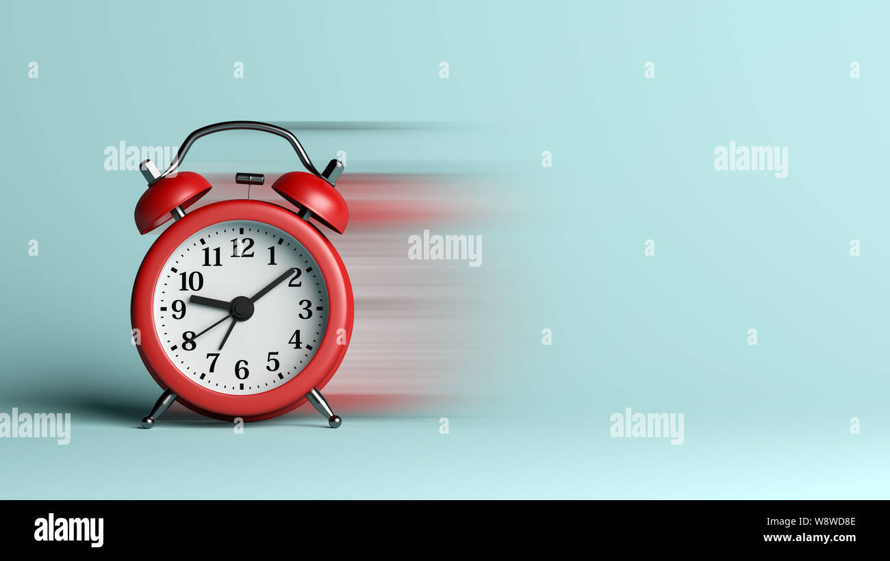 Red Alarm Clock on Blue Empty Background with Blur Effect 3D Illustration Stock Photo