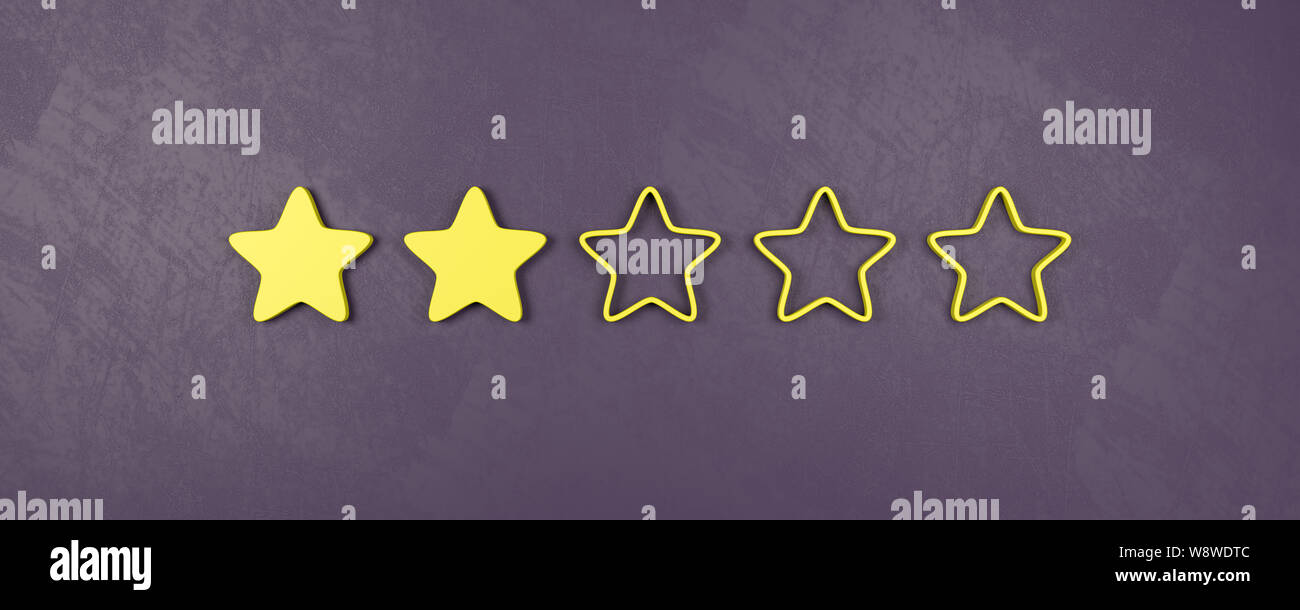 Two of Five Yellow Star Shapes 3D Illustration, Bad Rating Concepts Stock Photo