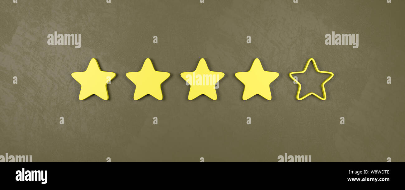 Four of Five Yellow Star Shapes 3D Illustration, Good Rating Concepts Stock Photo