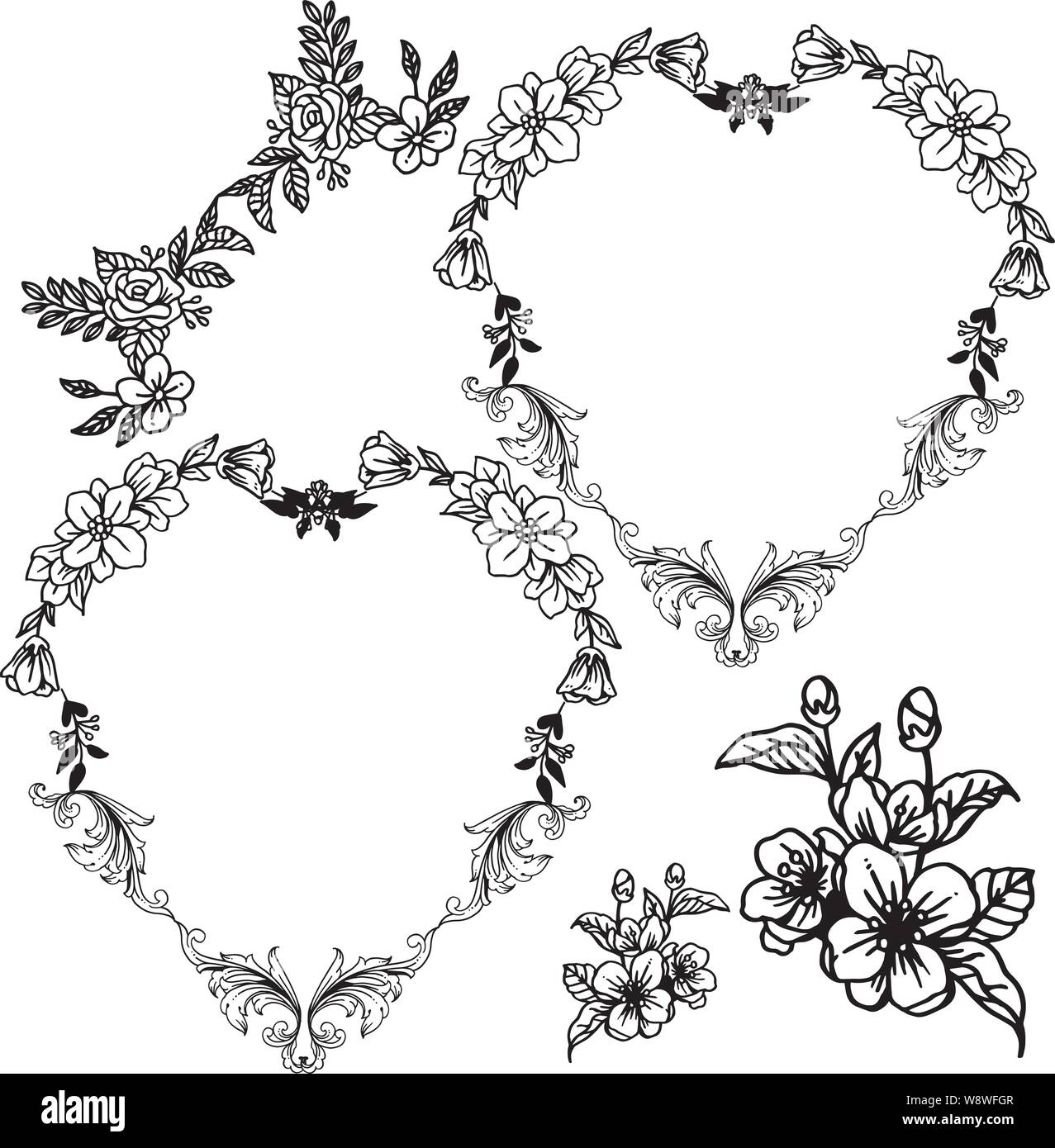 Decorative design leaf floral frame, in black and white colors. Vector illustration Stock Vector