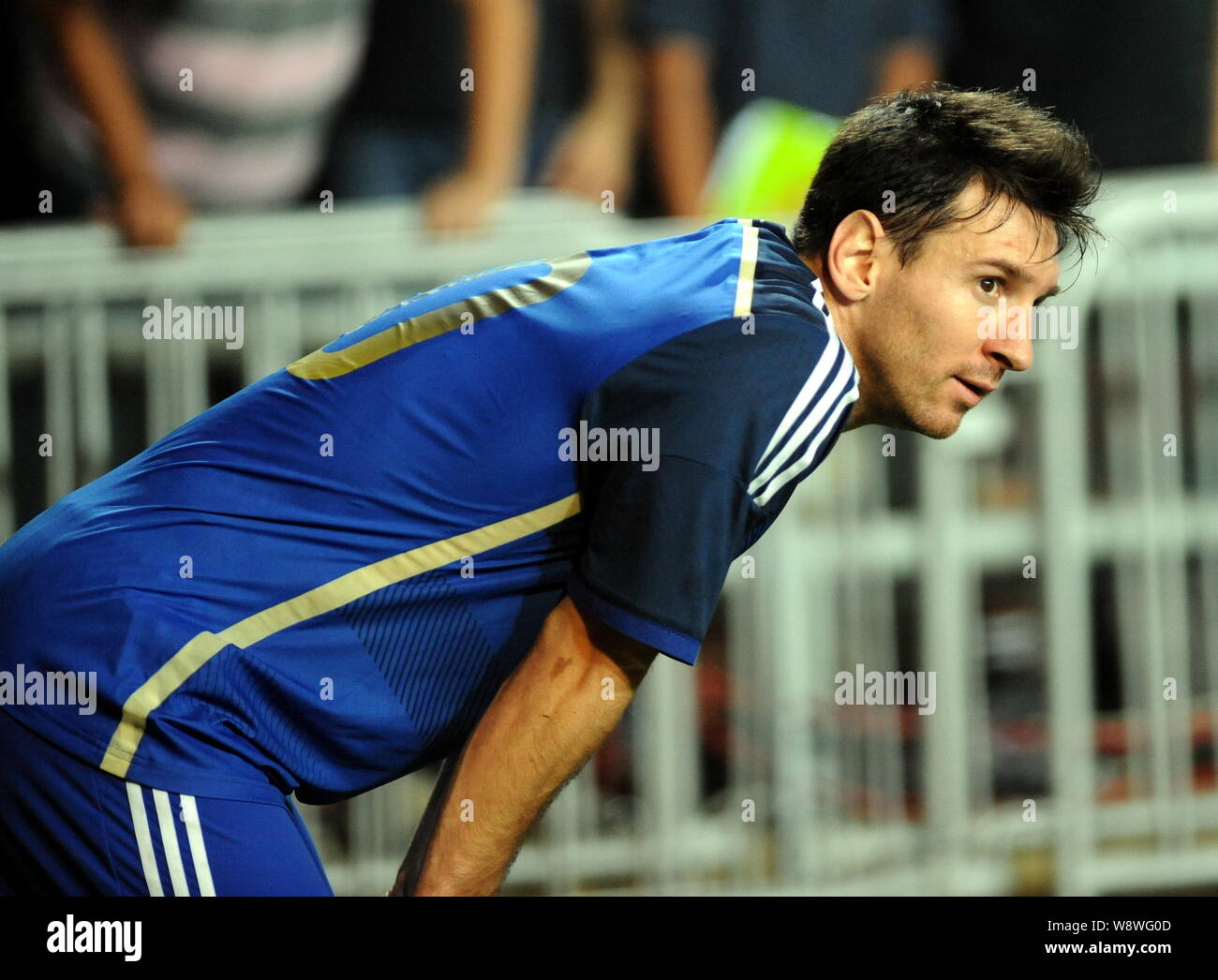 Lionel Messi of Argentina looks on during a friendly football match against Hong Kong in Hong Kong, China, 14 October 2014.   Lionel Messi needed just Stock Photo