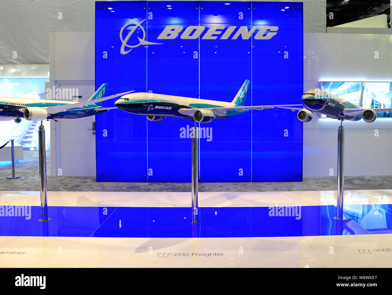 --FILE--Models of Boeing planes are seen on display during the Aviation Expo China 2011 in Beijing, China, 21 September 2011.   China Aircraft Leasing Stock Photo
