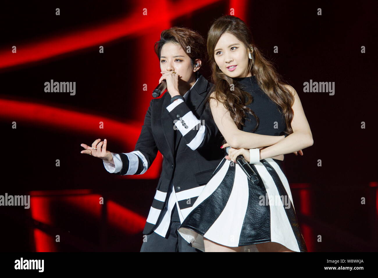 Seo Joo Hyun Seohyun Of South Korean Girl Group Girl S Generation Right And Amber Of Girl Group F X Perform At The Concert Of The Smtown Live Wo Stock Photo Alamy