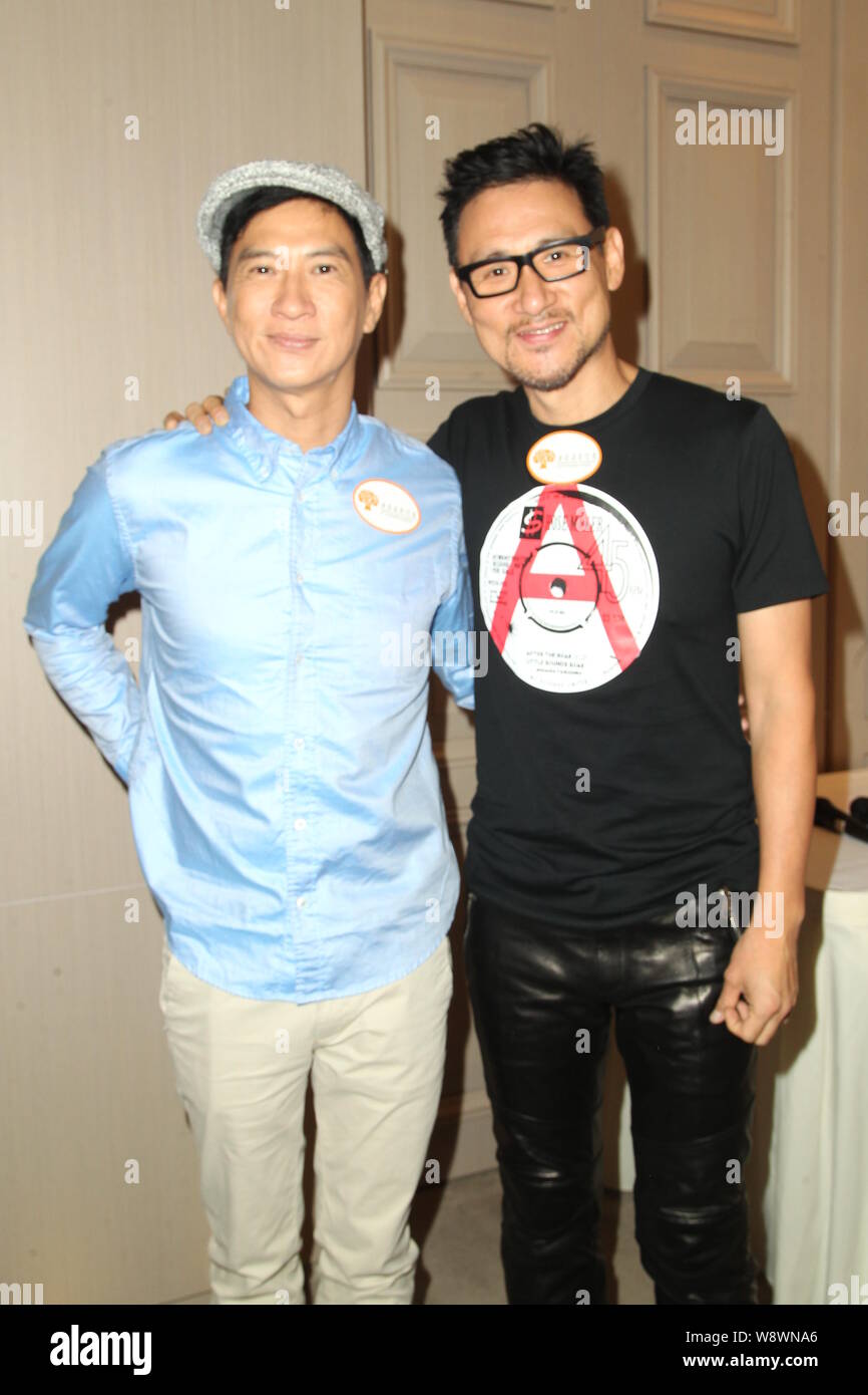 Hong Kong actor Nick Cheung, left, and Hong Kong singer Jacky Cheung attend a press conference for the 4th Anniversary of Charles K. Kao Foundation fo Stock Photo