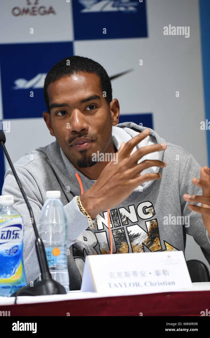 American track and field athlete Christian Taylor attends a press conference for 2014 IAAF