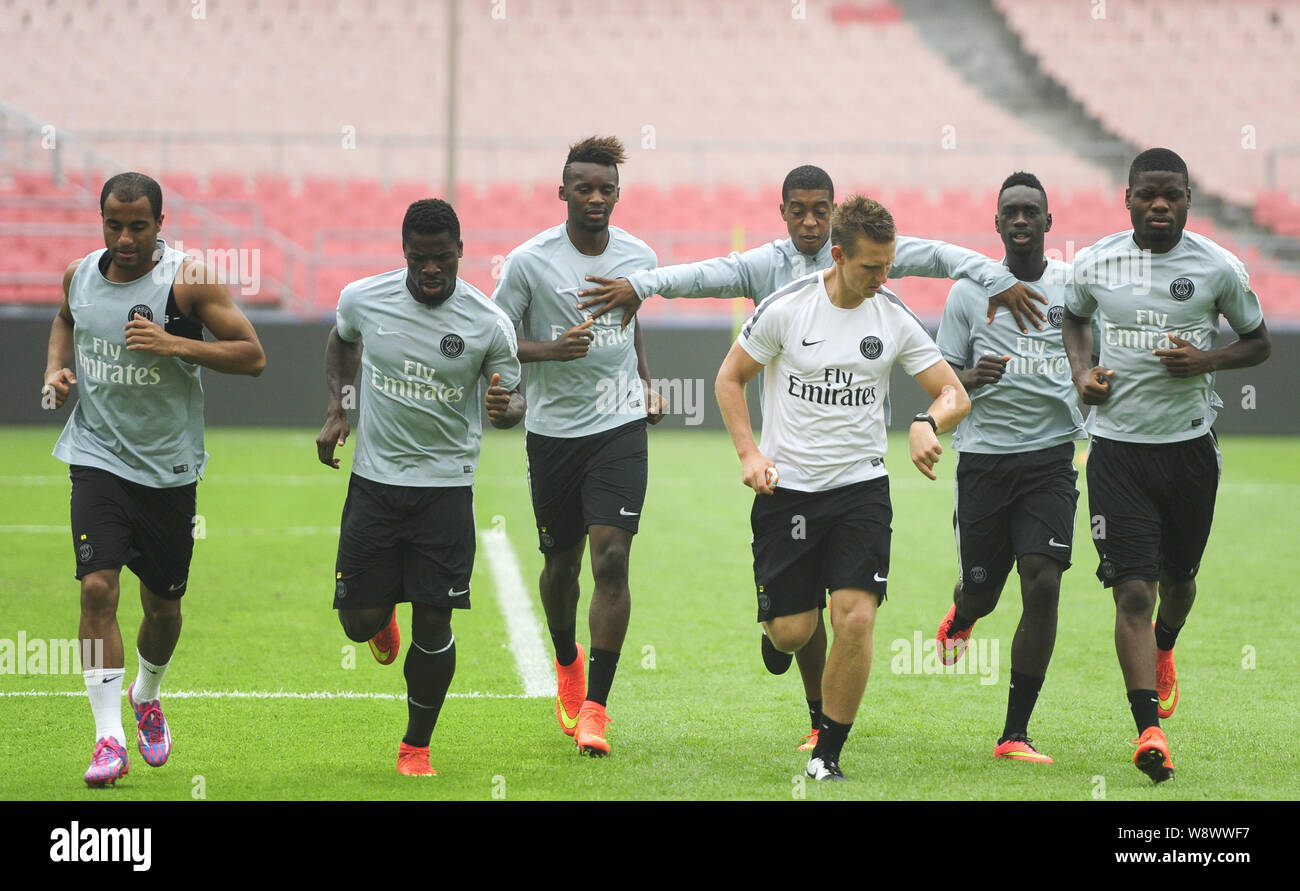 Players of Paris Saint-Germain football club attend a training session ahead of the French Super Cup soccer match against Guingamp in Beijing, China, Stock Photo