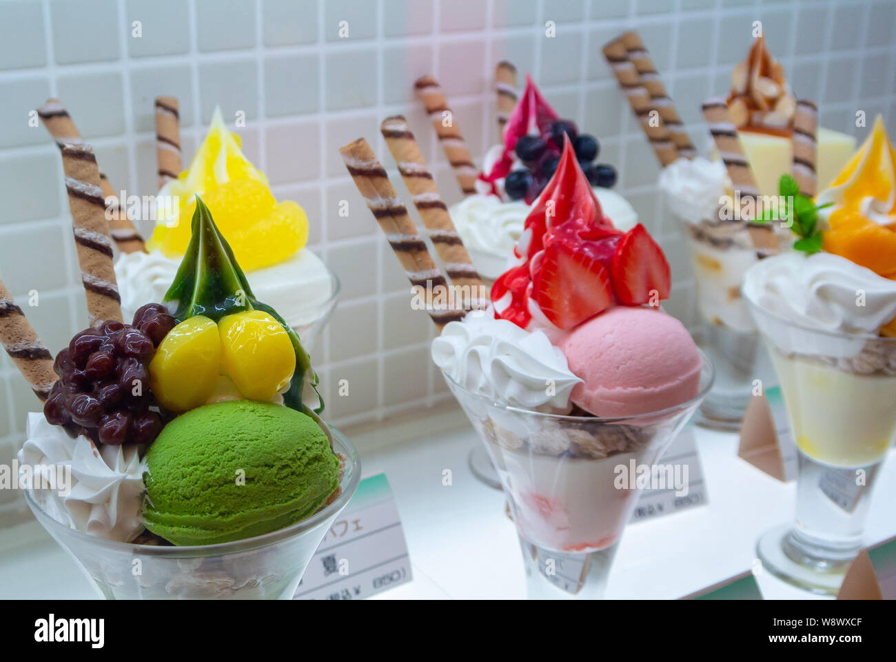 Samples of Parfait, japanese dessert at cafe, Japan Stock Photo Alamy
