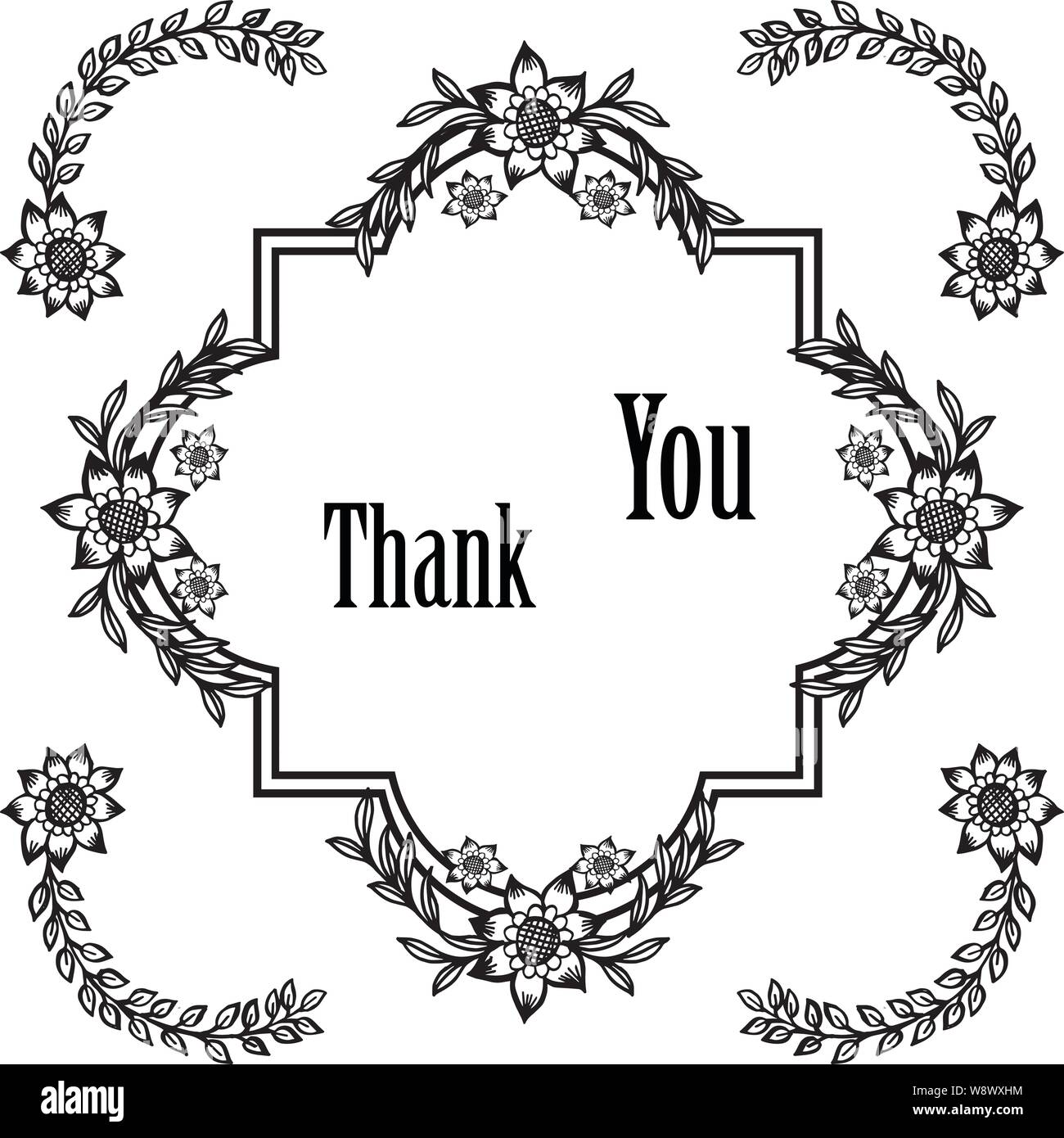 Lettering design thank you, with vintage flower frame, template of card