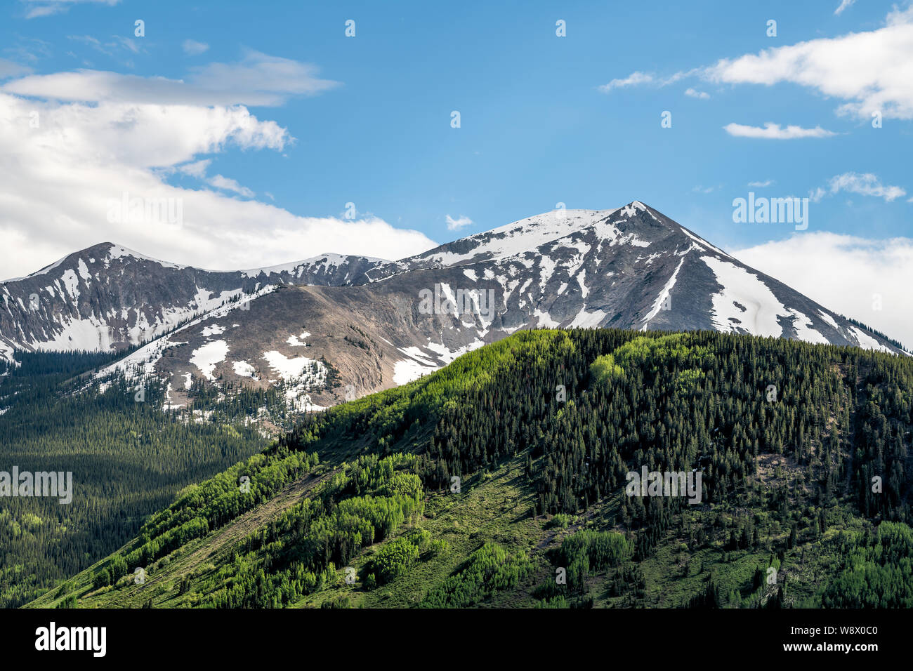 Mount Crested Butte snow mountain during sunset in summer with green