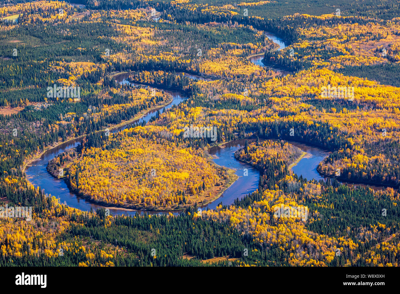 Aerial autumn view of the Christina River south of Fort McMurray, Alberta. Stock Photo