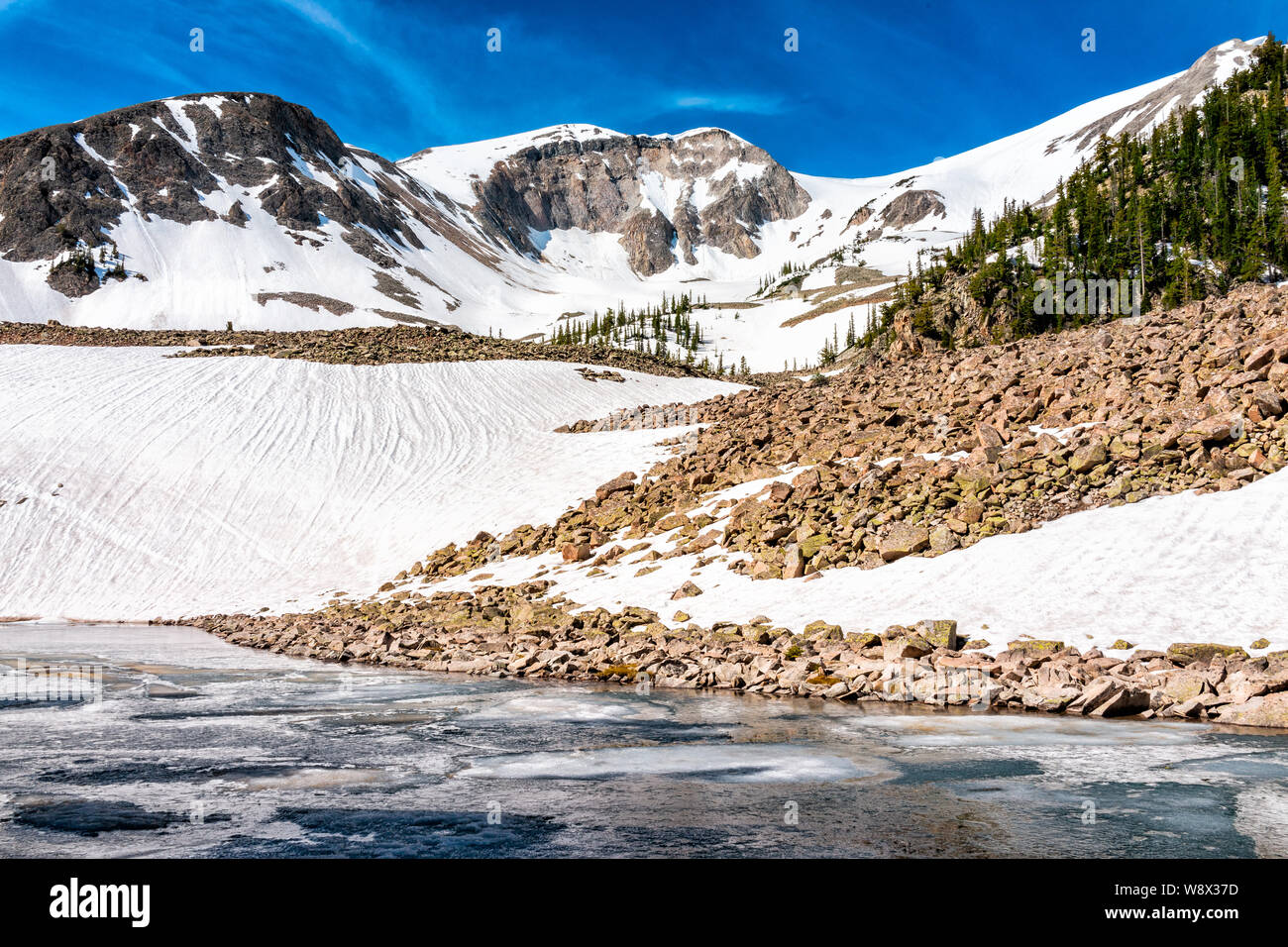 Alpine lake frozen water on Thomas Lakes Hike in Mt Sopris, Carbondale