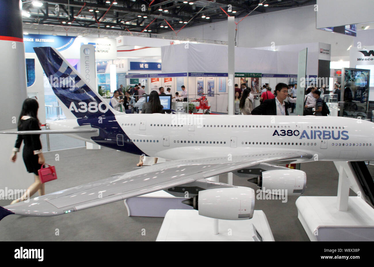 --FILE--A model plane of an Airbus A380 is displayed during the 15th China Aviation Expo in Beijing, China, 27 September 2013.   Airbus Group NV predi Stock Photo