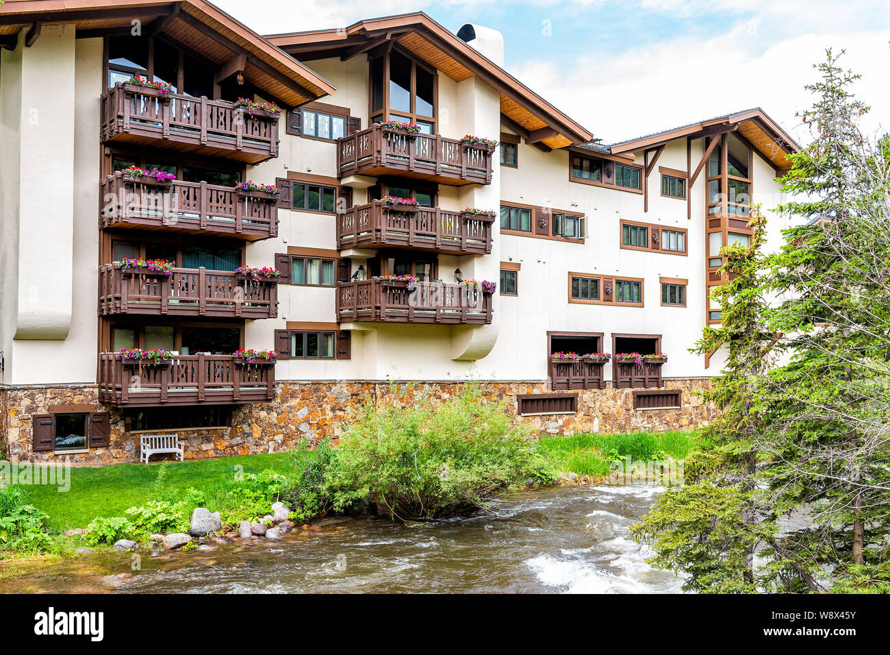 Vail, USA June 29, 2019 European Swiss style resort town apartment