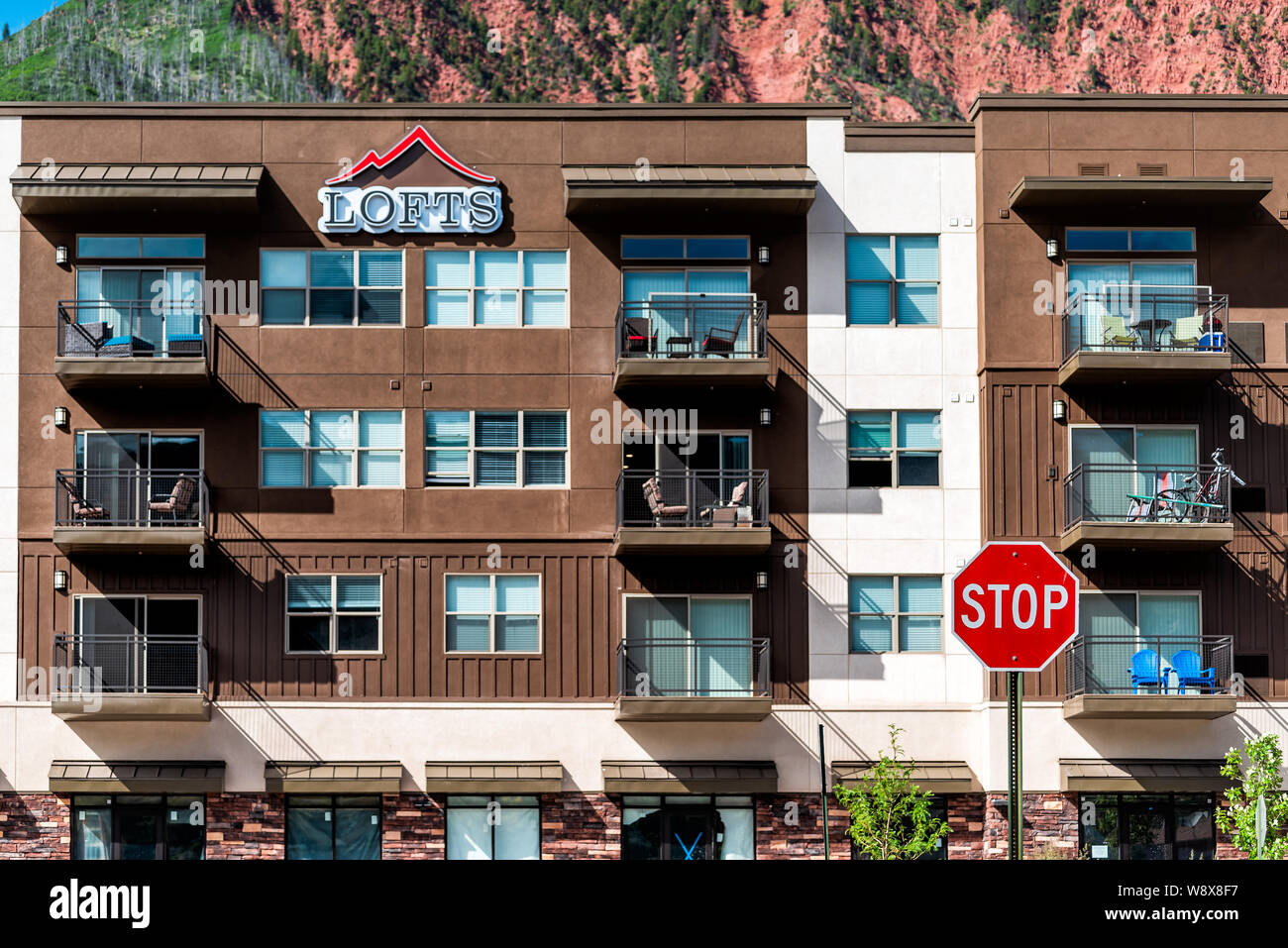 Glenwood Springs, USA June 29, 2019 Lofts sign on new modern