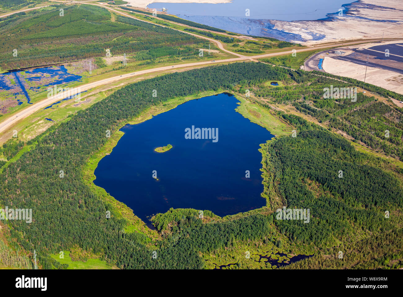 Aerial view of Crane Lake, a rehabilitation area created by Suncor, one