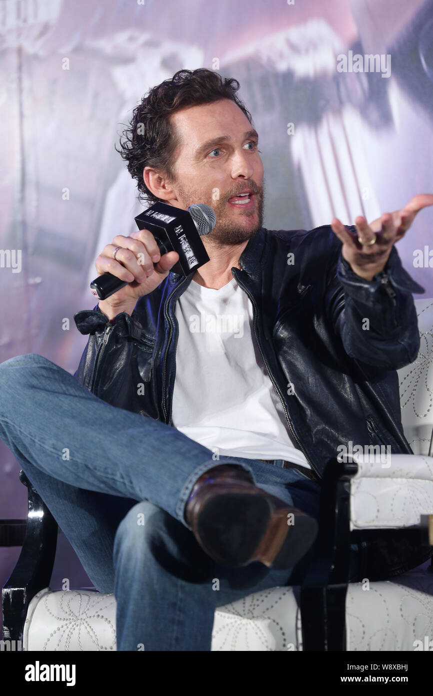 American actor Matthew McConaughey speaks during a press conference for his new movie 'Interstellar' in Shanghai, China, 10 November 2014. Stock Photo