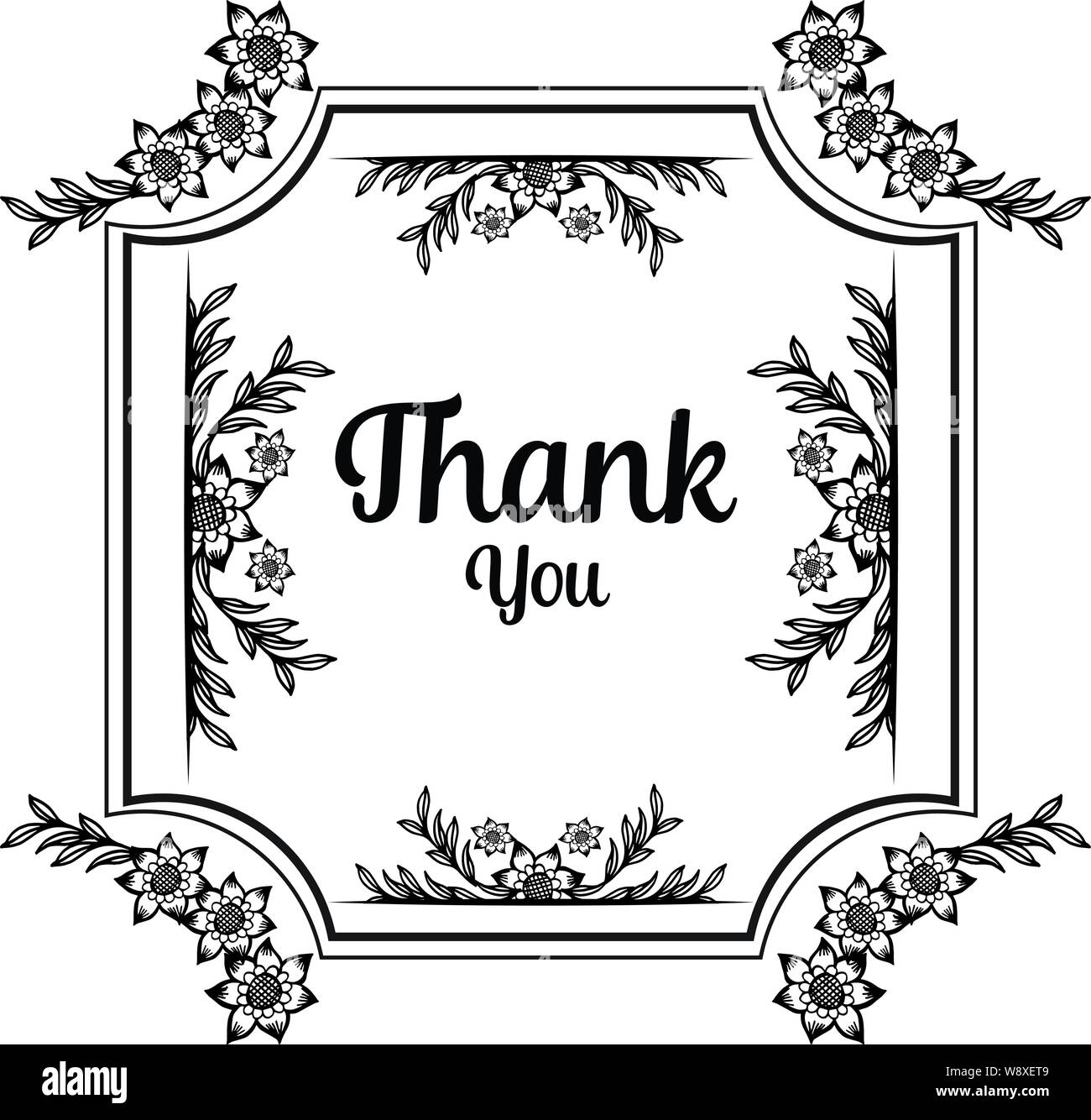 Template greeting card thank you, design cute flower frame. Vector ...