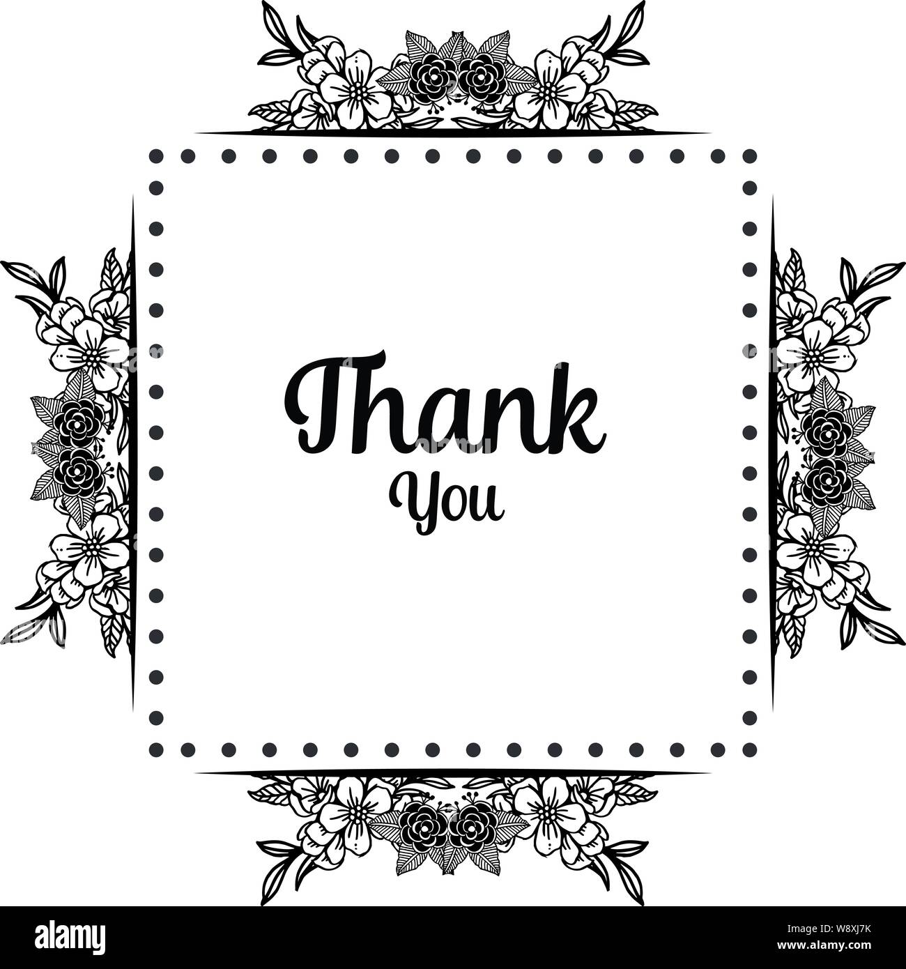 Floral thank you card, greeting design, with black white flower frame