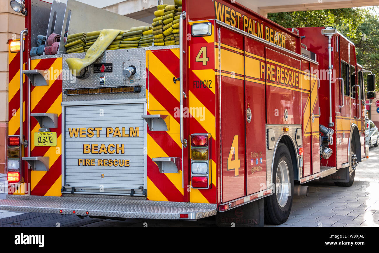 Fire rescue truck at CityPlace in West Palm Beach, Florida. (USA) Stock Photo