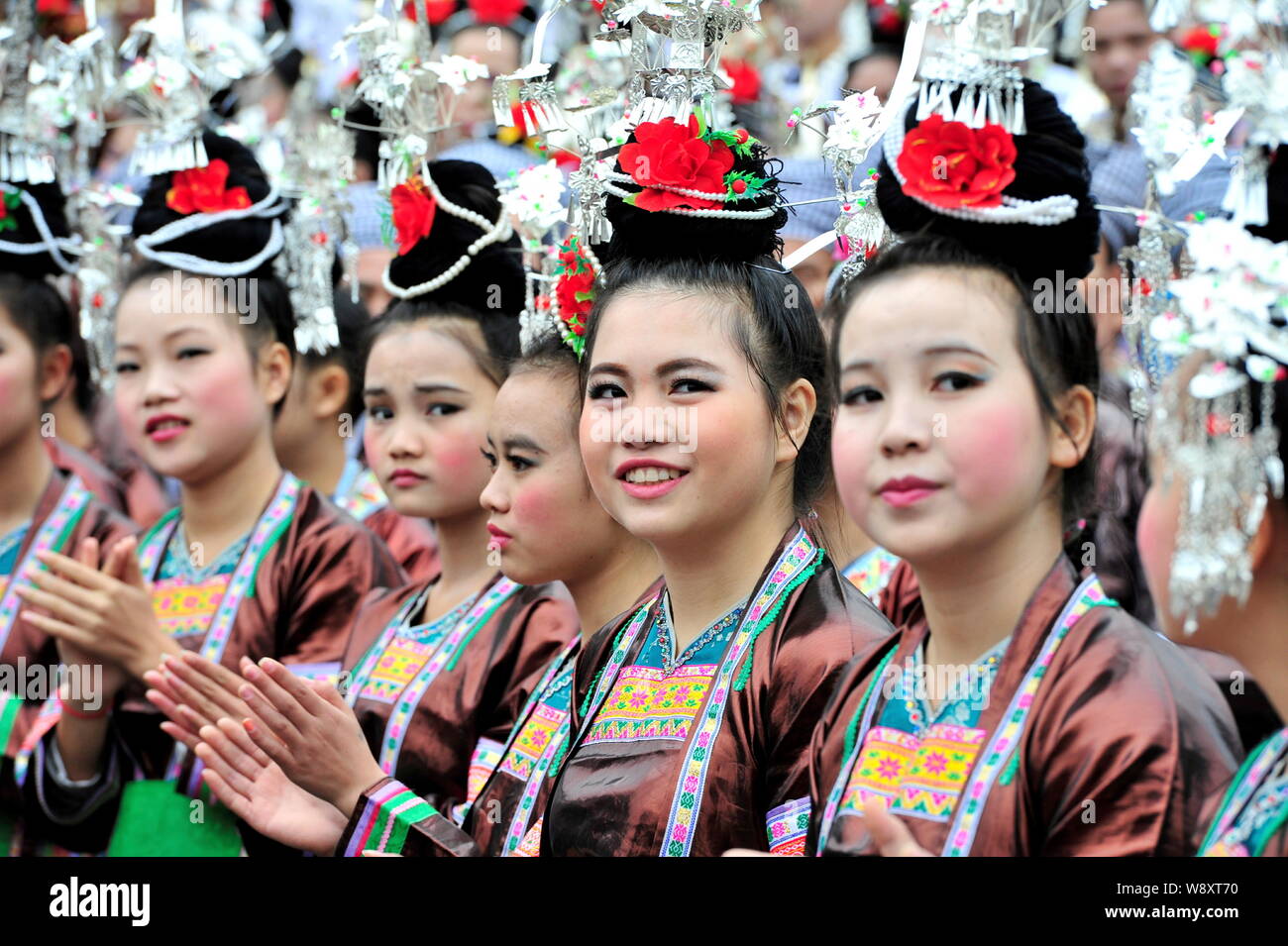 Chinese girls of the Dong ethnic minority wearing traditional